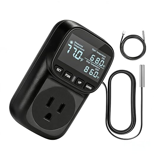 Reptile Thermostat Digital Timer Plug, Cyclic Timing/Countdown Temperature Controller for Reptile Tank, Greenhouse, Seedling Heat Mat, Fermentation, Brewing, 15A/1800W, VA Display