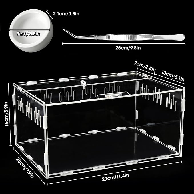 Jumping Spider Enclosure, Insect Terrarium, Bug Cage, Acrylic Terrarium for Tarantula, Snail, Praying Mantis, Frog, and Small Reptiles, Includes Tweezer and Bowl, (11.8" x 7.8" x 5.9")