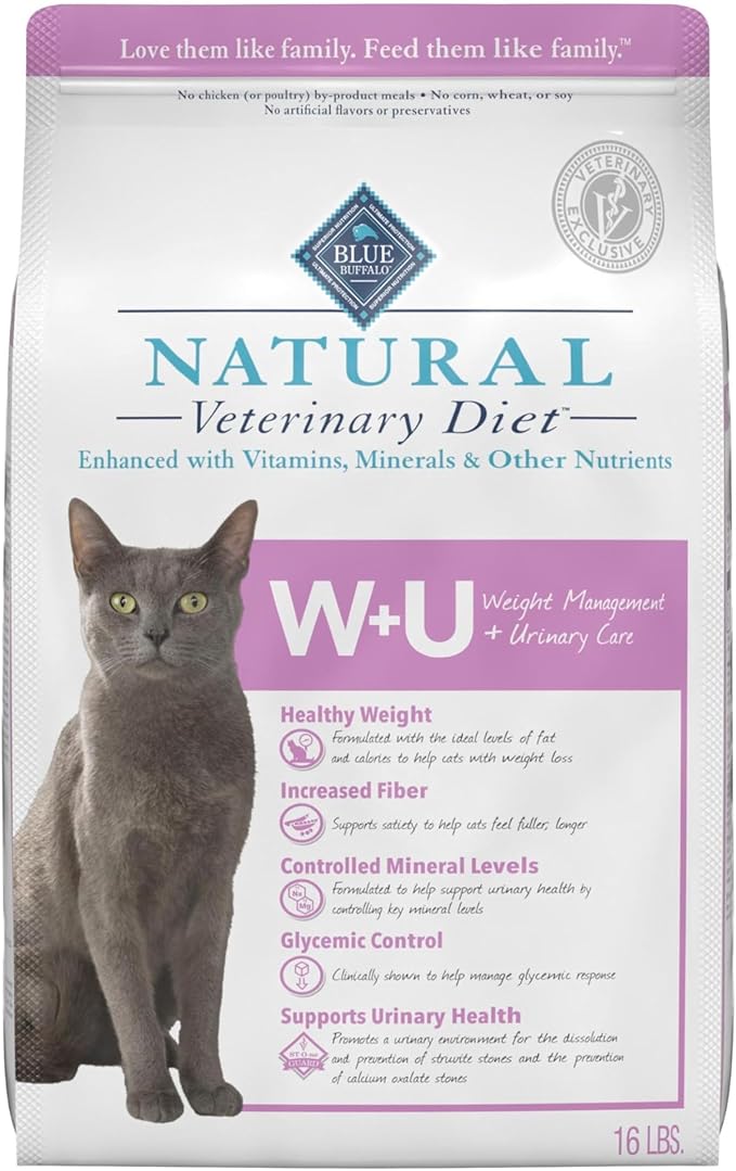 Blue Buffalo Natural Veterinary Diet W+U Weight Management + Urinary Care Dry Cat Food, Veterinarian Prescription Required, Chicken, 16-lb. Bag