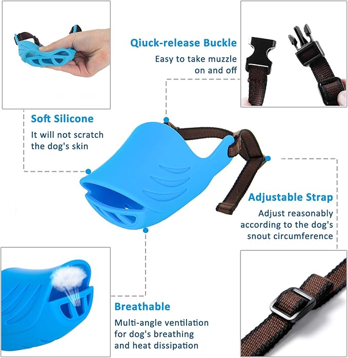 Dog Muzzle, Soft Duck Silicone Mouth Cover with Adjustable Strap for Small Medium Dogs, Best to Prevent Barking, Biting, and Chewing(Blue,S)