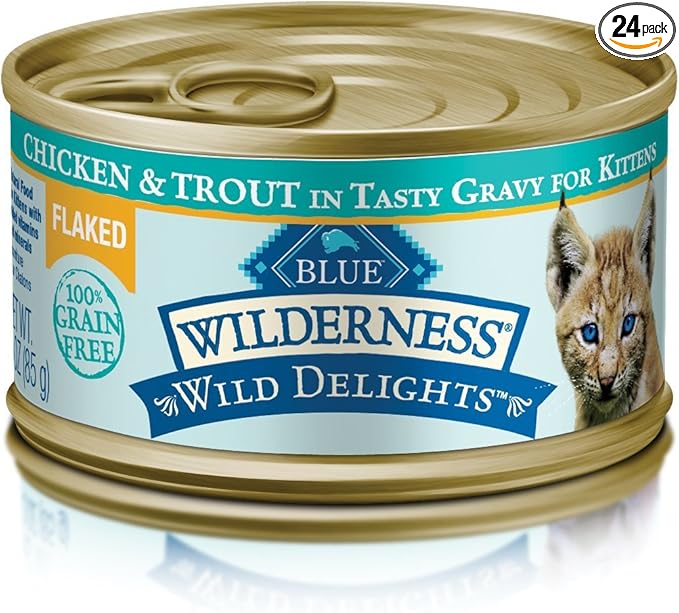 Blue Buffalo Wilderness Wild Delights Natural Wet Food for Kittens, Flaked Chicken & Trout in Tasty Gravy, 3-oz. Cans, 24-Pack
