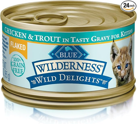 Blue Buffalo Wilderness Wild Delights Natural Wet Food for Kittens, Flaked Chicken & Trout in Tasty Gravy, 3-oz. Cans, 24-Pack
