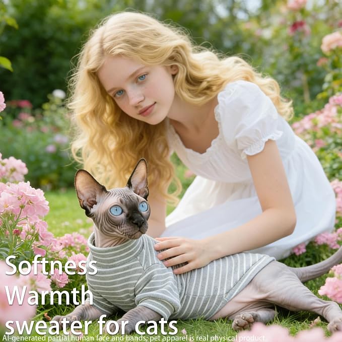 Sphynx Cat Clothes Fleece Cats&Small Dogs Pullover Sweater | Soft warm fleece, covers belly. Stretchy, easy on. Washes well. For small dogs & cats: daily walks, naps, AC rooms.