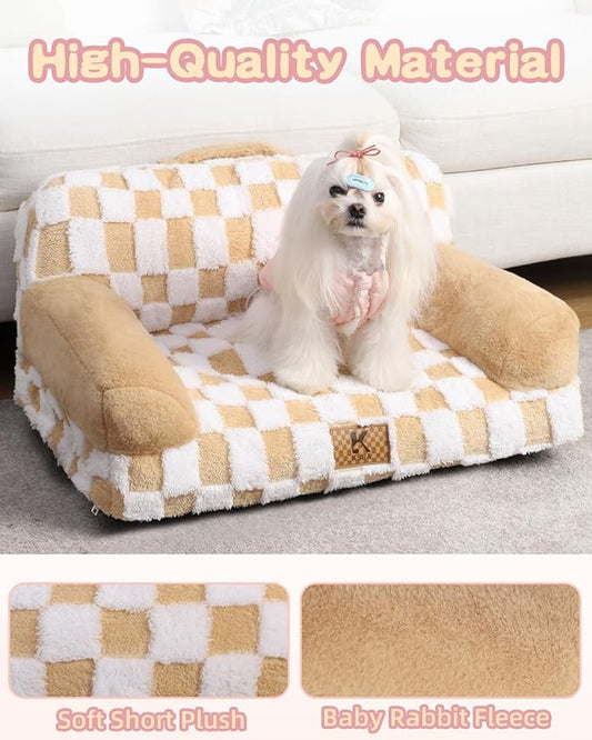 KSIIA Dog Bed Small Dog Beds Waterproof Cat Couch with Supportive Armrests for Puppy and Kitten Pet Couch Machine Washable Pet Sofa with Removable Cover & Anti-Slip Bottom, 26 x 14.5 in, Khaki