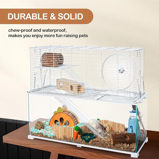 3 Tiers Large Hamster Cages, Glass Hamster Cage Habitat with Openable Wire Topper, Gerbil Cage with Two Ladders Ramps and Removeable Waterproof PVC Tray, Easy to Clean