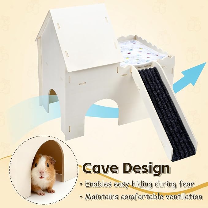 PETKNOWS Guinea Pig Hideout, Upgraded Guinea Pig Castle with Guinea Pig Ramp and Mats Large Guinea Pigs House for Playing Easy Assembly Wooden Guinea Pig Hideout for Small Animal Habitats