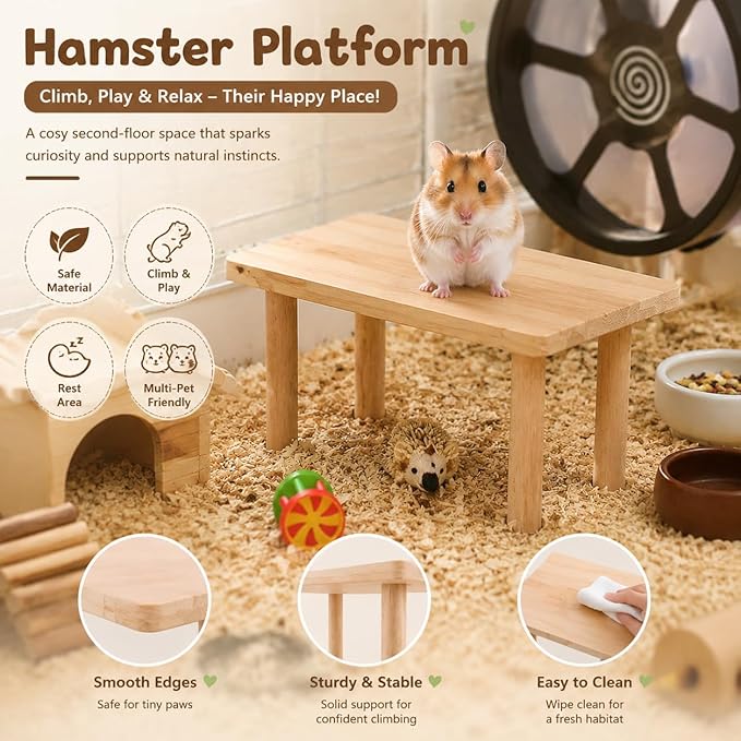 Hamster Play Platform Wooden Cage Accessory for Small Hamsters, Natural Multi-Level Climbing Playground & Rest Area, Enrichment Habitat Decor for Dwarf Syrian Hamsters