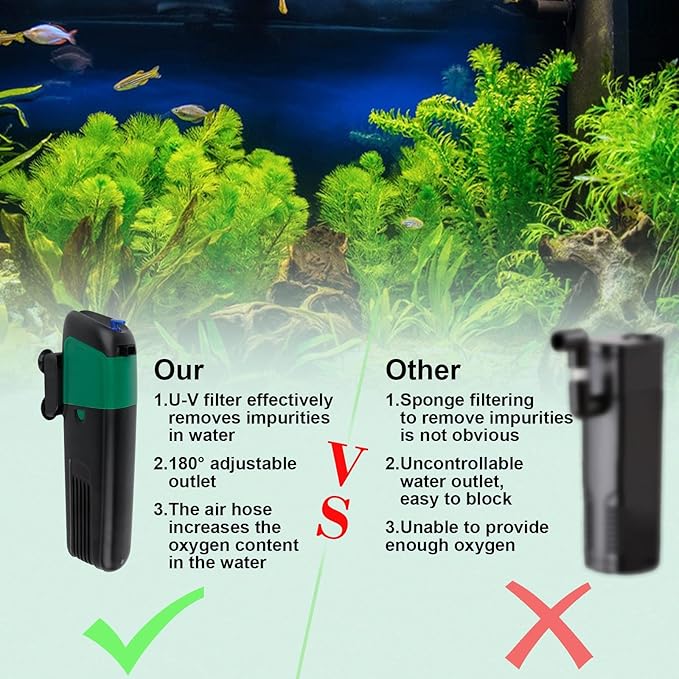 FREESEA Aquarium Power Filter Pump: 5 Watt Internal Filter Increase Oxygen 4 in 1 Pump | 132 GPH for Up to 150 Gallon
