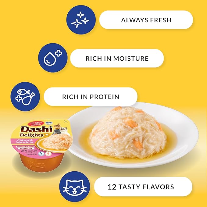 INABA Dashi Delights for Cats, Shredded Chicken Side Dish with Bonito Flake Broth, Cat Food Complement with Taurine & Green Tea Extract, 2.5 Ounce Cup, 6 Cups Total, Chicken & Bonito Flakes Recipe