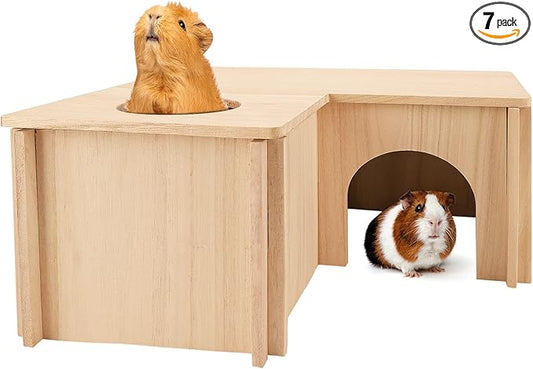 PAWCHIE Guinea Pig Hideout Hamster House with Multi-Rooms - Small Animals Pets Hideout Multi-Chamber Wooden Hut Habitats Decor Tunnel for Guinea Pigs, Hamsters, Chinchillas
