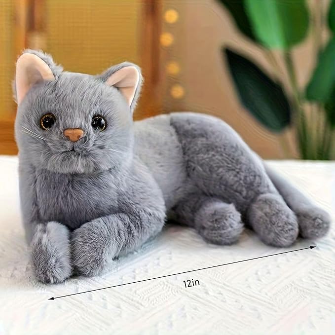 Gray Cat Plush Soft Plush Cat Toy, 12 inch Realistic Black Cat Stuffed Animal Gifts for Boys and Girls (Gray)