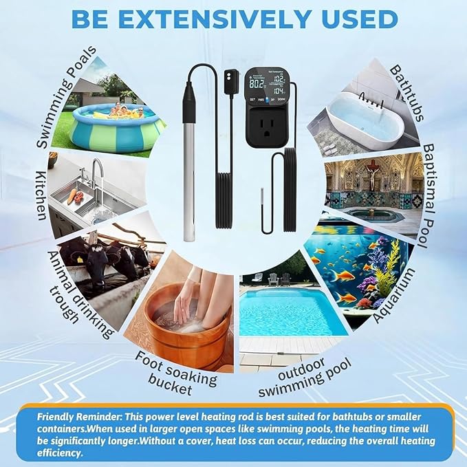 120V 1800W Immersion Electric Water Heater,Submersible Water Heater with Thermostat & GFCI . Suitable for Sinks, Bathtubs, Washbasins, Small Swimming Pools, Water Storage Tanks, Hot Tubs and Buckets