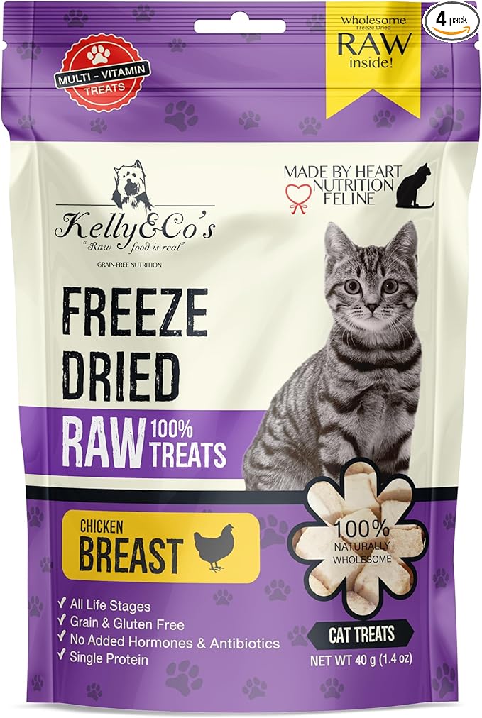 KELLY & CO'S Freeze Dried Cat Treats - Chicken Breast Made from a Single Ingredient. Grain-Free, high Protein Healthy cat Treats (1.4 oz x 4 Packs) Minimally Processed Indulgent Treat.