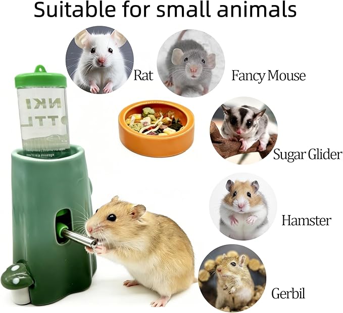 Hamster Water Bottle Adjustable Ceramic Hamster Water Dispenser No Drip Feeder with Food Bowl for Mice Rats Hedgehog Chinchilla Gerbil