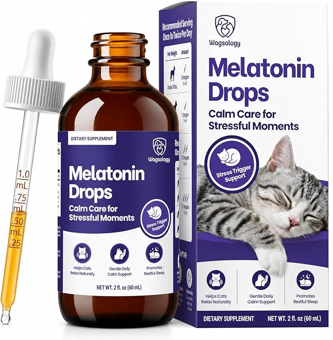 Cat Melatonin Drops, Liquid Melatonin for Cats for Grooming, Travel and Vet Visits, Calming Cat Sedative for Grooming, Cat Sleep Aid, Cat Melatonin Treats