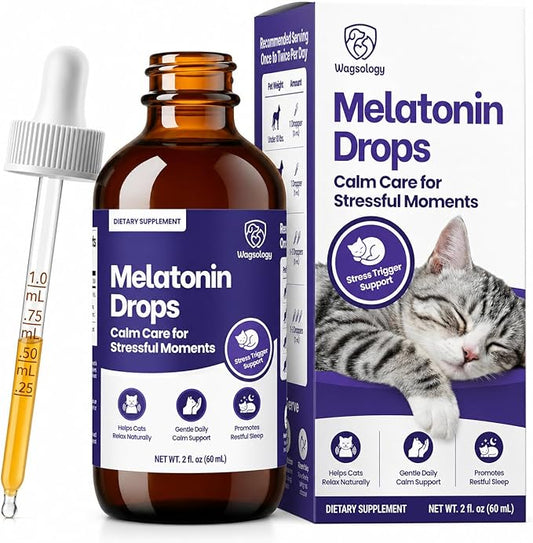 Cat Melatonin Drops, Liquid Melatonin for Cats for Grooming, Travel and Vet Visits, Calming Cat Sedative for Grooming, Cat Sleep Aid, Cat Melatonin Treats