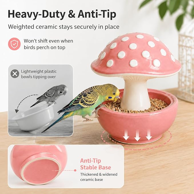 Ceramic Mushroom Bird Feeder No Mess, Spill Proof Bird Food and Water Bowl for Cage, Covered Dispenser for Parakeet, Budgie, Cockatiel, Lovebird, Hamster Accessories, 4.3" Tall