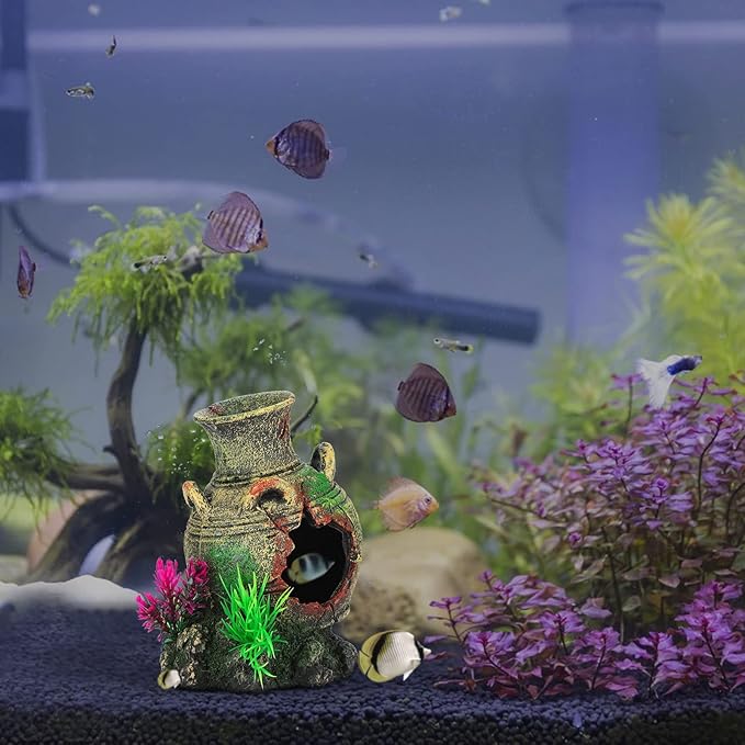 UNEAK - Aquarium Decorations Big Cave Fish Tank Large Vase Jar Jug Sunken Ornament Landscaping Rocks Saltwater Freshwater Small & Medium Fish Garden Pond Ornaments Resin