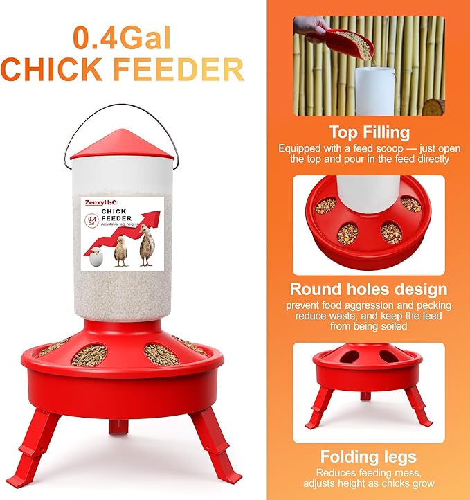 2-in-1 Chick Starter Set: 0.4 Gal Top Filling Feeder and 0.4 Gal Waterer with Adjustable Legs for Baby Chicks, Includes Scoop, Hanging Hooks, Anti-Drown Design (Red)