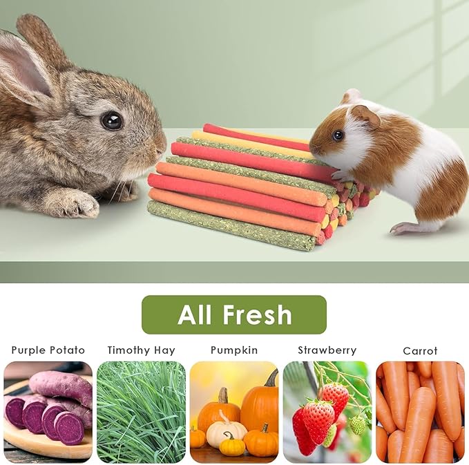 ERKOON 120Pcs Rabbit Timothy Hay Sticks, Five Flavors：PurplePotato/TimothyHay/Pumpkin/Strawberry/Carrot，Suitable Guinea Pig, Hamste, Gerbil, Chinchilla Treats, Chew Toys for Teeth for Bunnies