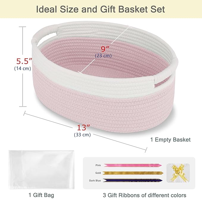 Small Woven Basket with Gift Bags and Ribbons, Empty Baby Gift Baskets, Shelf Storage, Small Cat Dog Pet Toy Boxes, 13”x 9”x 5.5”, Light Pink