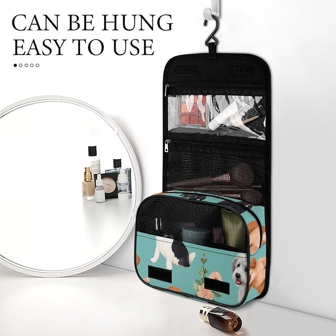 Travel Hanging Toiletry Bag Wash Bag Dogs Flowers Makeup Organizer Cosmetic Case for Bathroom Shower