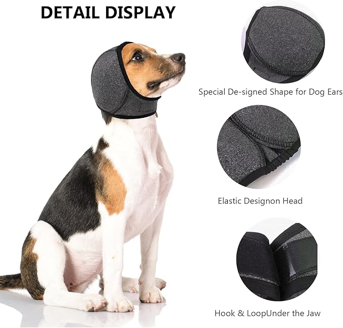 NACOCO Dog Calming Hoodie - No Shake Water Resistant Ear Wraps for Dogs Anxiety Relief & Noise Protection Dog Head Wrap Pet Ear Cover Muffs for Swim Bathing Hematoma(Dark Grey, M)