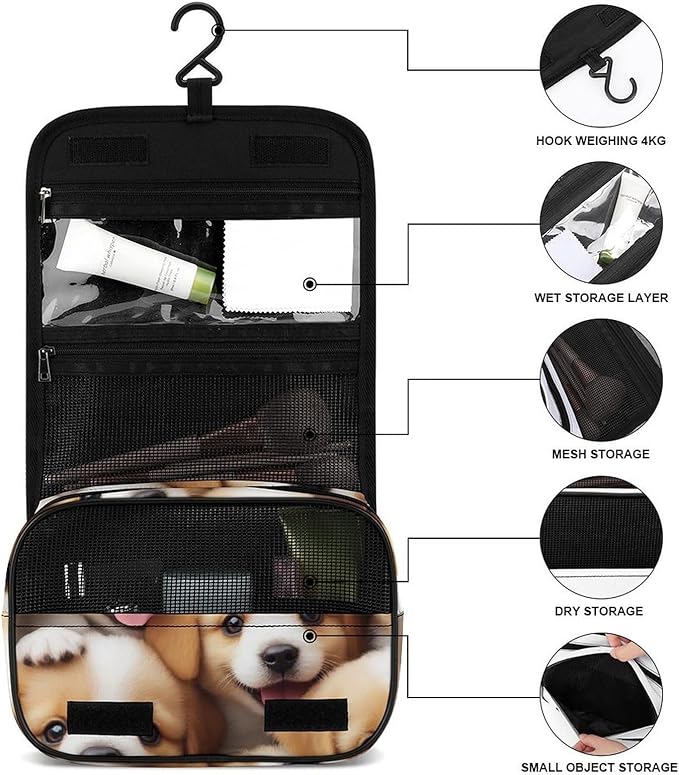 Cute Puppy Dogs Travel Toiletry Bag for Women Portable Hanging Organizer for Shampoo, Conditioner, Brushes Set