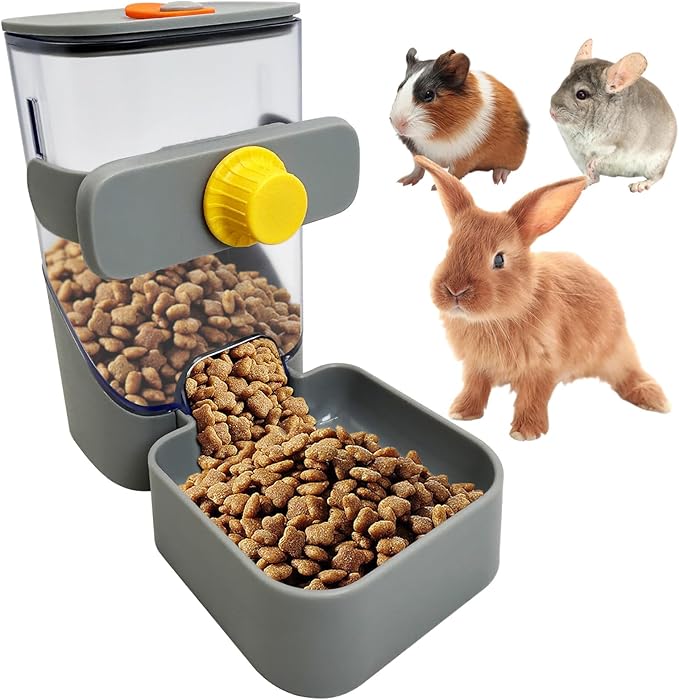 34oz Automatic Rabbit Food Dispenser for Cage Hanging Guinea Pig Feeder No Drip Bunny Food Bowl for Ferret Rat Hamster Chinchilla and Other Small Animals (Gray)