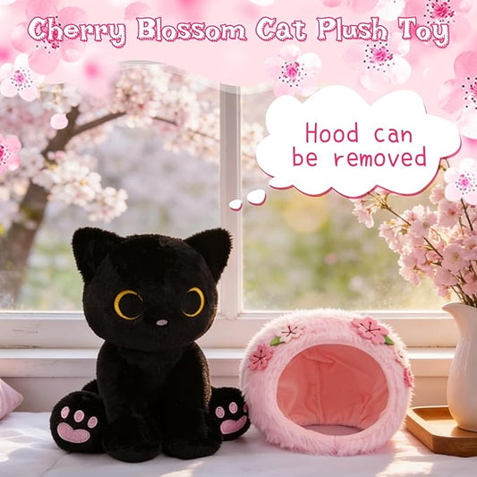 Black Cat Plush with Removable Sakura Flower Hood - 8" Cute Stuffed Animal for Spring, Soft Kawaii Cat Plushie, Flower & Cherry Blossom Gift for Girls & Moms