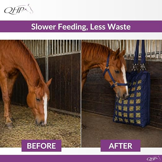 QHP Hay Bag for Horses | Slow Feed Horse Hay Bag | Horse Hay Feeder | 2.4" Mesh | Holds up to 13 lbs | Durable 600D Polyester | Stall, Trailer & Paddock | 2-Year Warranty (Navy)