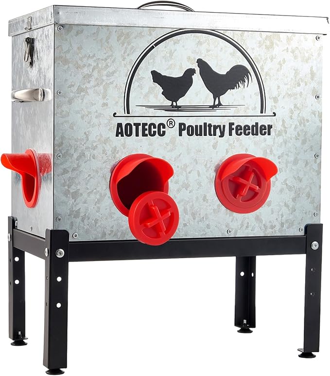Metal Chicken Feeder, 40lb Automatic Chicken Feeder - 6 Feeding Ports, No Waste Poultry Feeder with Lid & Adjustable Legs for Chicken Coops, Weatherproof
