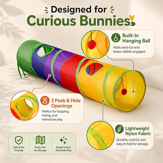 Mechpia Rabbit Toys, Large Bunny Hideout Tunnel and Tube Rainbow Tunnel for Rabbit Guinea Pig Chinchilla Ferret Rat