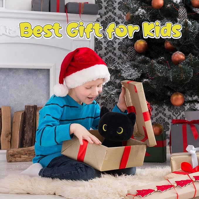 Black Cat Plush, 8inch Cute Cat Stuffed Animals Plushies for Girls, Kawaii Kitten Plushie Soft Cuddle Pillow for Kids, Birthday Gift for Kids Boys Girls, Easter Gifts