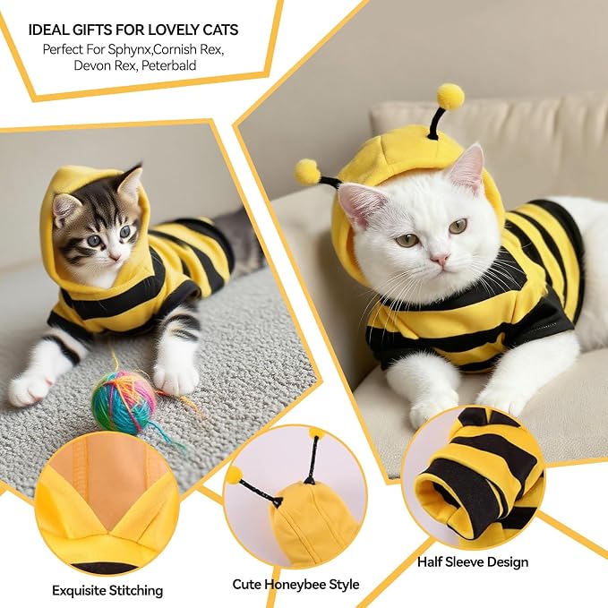 Bumblebee Cat Costume for Sphynx & Small Dogs, Fit Halloween, Yellow, XS | Cute Bee Stripes Hoodie, Soft Warm Fleece, Holiday Cosplay Outfit, Daily Leisure Wear, Easy to Put, Safe for Leash Walking