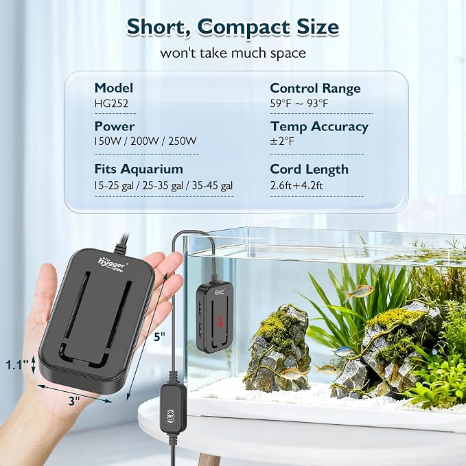 hygger 25-35 Gallon Fish Tank Water Heater 200W Submersible Nano Aquarium Heater with Controller Adjustable Temperature Run Dry & Overheating Protection