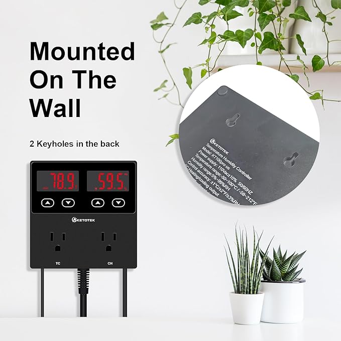 KETOTEK Digital Temperature and Humidity Controller Outlet, Reptile Thermostat Plug Dual Stage Pre-Wired for Mushroom Greenhouse Homebrew