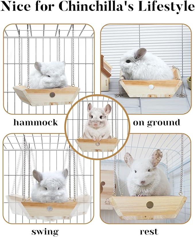Natural Wood Chinchilla Hammock for Cage Swing, Chinchilla Bed Hanging, Wooden Chinchilla Toys and Cage Accessories, Chinchilla House Hut Ledges And Platforms Enrichement, Indoor Chinchilla Habitat