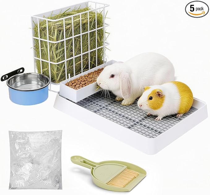 3 in 1 Rabbit Litter Box with Hay Feeder, Bunny Litter Box with Metal Hay Feeder and Hanging Water Bowl for Bunny, Guinea Pigs, Chinchillas and Other Small Animals
