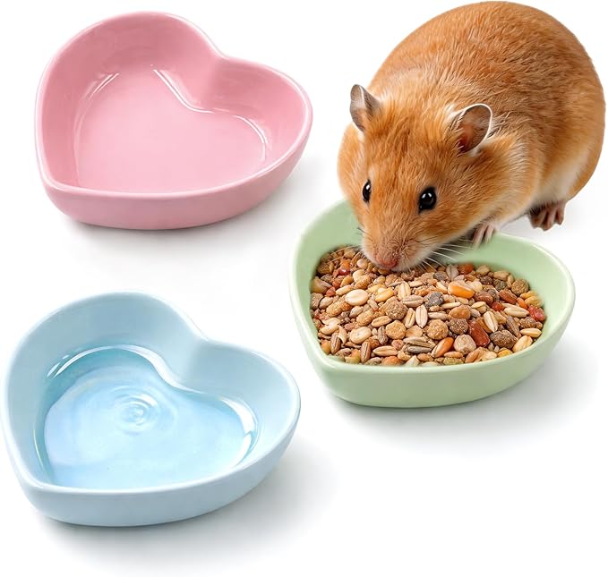 3 Pack Ceramic Hamster Food Bowl Anti-Turning Heart Hamsters Water Dish Cute Small Animals Bowl for Rabbits Chinchillas Guinea Pig Rat Hedgehog Parrots Small Animals (3 Colors)
