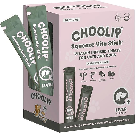 Choolip Squeeze Vita Stick Lickable Cat and Dog Treats, 49-Count Liver Support Variety Pack, Salmon and Lobster with Milk Thistle, CoQ10 and Vitamin E