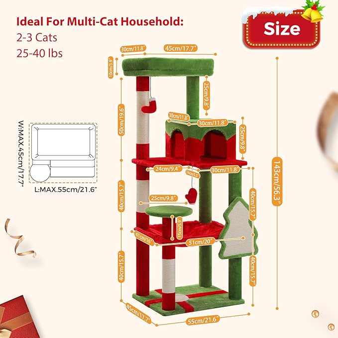PETEPELA Christmas Cat Tree for Indoor Cats, 56.3'' Tall Multi-Level Cat Tower with Super Large Hammock (20''X16''), Sisal Covered Scratching Posts, Cozy Condo and Top Perch, Christmas Style