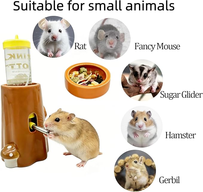 Hamster Water Bottle Ceramic Hamster Water Dispenser No Drip Feeder with Food Bowl for Mice Rats Hedgehog Chinchilla