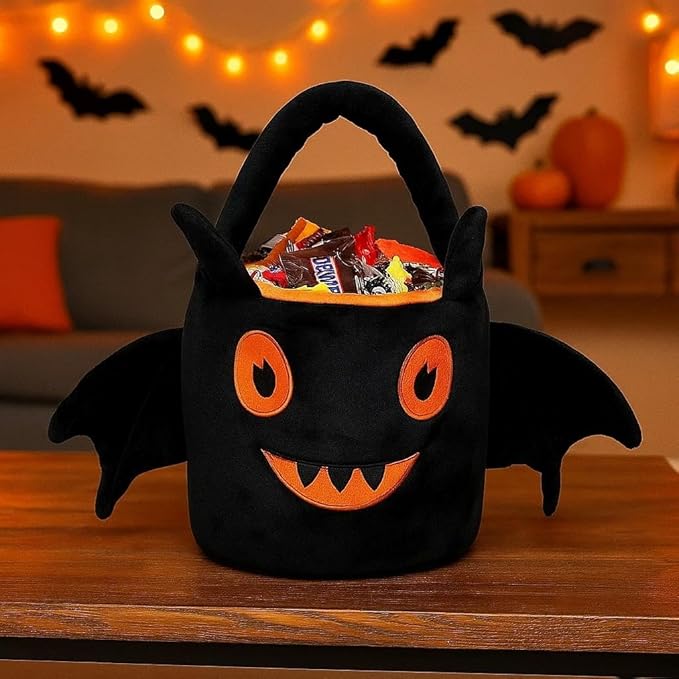 Halloween Plush Treat Basket, Halloween Candy Basket, Trick-or-Treat Bag( Black Orange Bat)