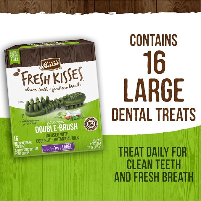 Merrick Fresh Kisses Dental Chews for Dogs Infused with Coconut and Botanical Oils, Large Dog Chews for Dogs Over 50 lbs., 27 oz. Box