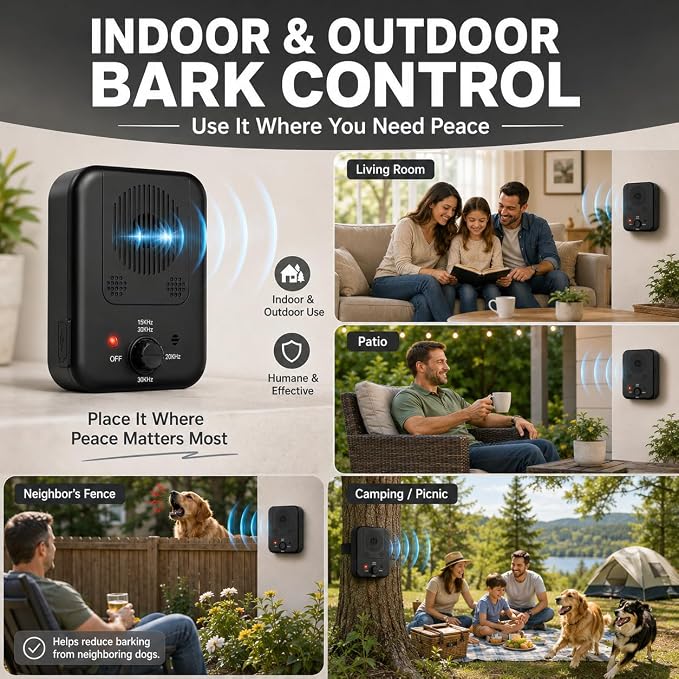 Dog Bark Deterrent Device, Automatic Ultrasonic Anti Barking Device with Long Range 50FT, Rechargeable Bark Control Box with 3 Adjustable Modes, Safe & Humane Dog Silencer for Indoor & Outdoor