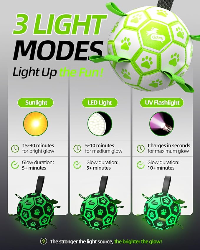 QDAN Glow in the Dark Dog Ball with Straps, No Charge Fetch & Tug Toy, 6 Inch Soccer Ball for Small & Medium Dogs, Great Birthday Gift for Pets