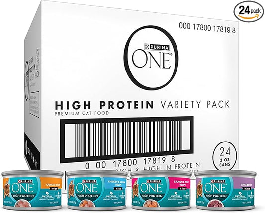 Purina ONE Natural, High Protein Cat Food Variety Pack, Chicken, Tuna, Salmon and Trout Recipes - (Pack of 24) 3 oz. Cans