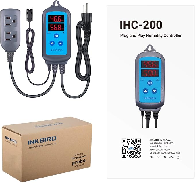 Humidity Controller IHC200 Inkbird Humidistat Mushroom Greenhouse Pre Wired Outlet Dual Stage Humidifier Dehumidifier.