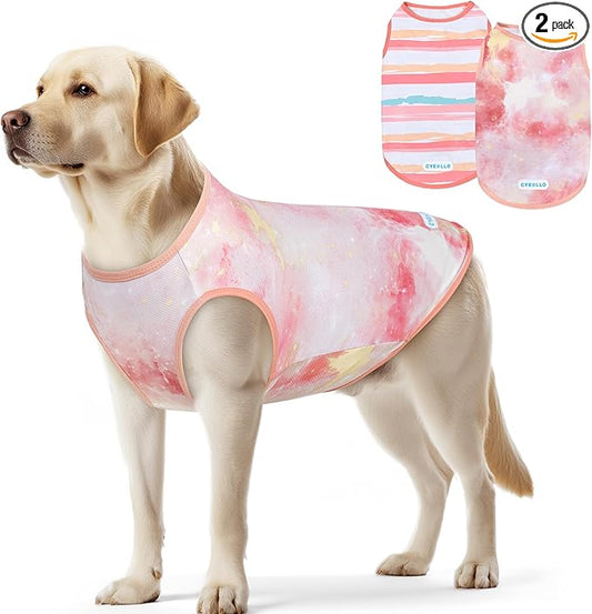 cyeollo 2pack Dog Cooling Shirt, Breathable Sleeveless Summer Clothes for Dogs, Intant Cool T Shirts for Medium Large Dogs, Pink 2XL